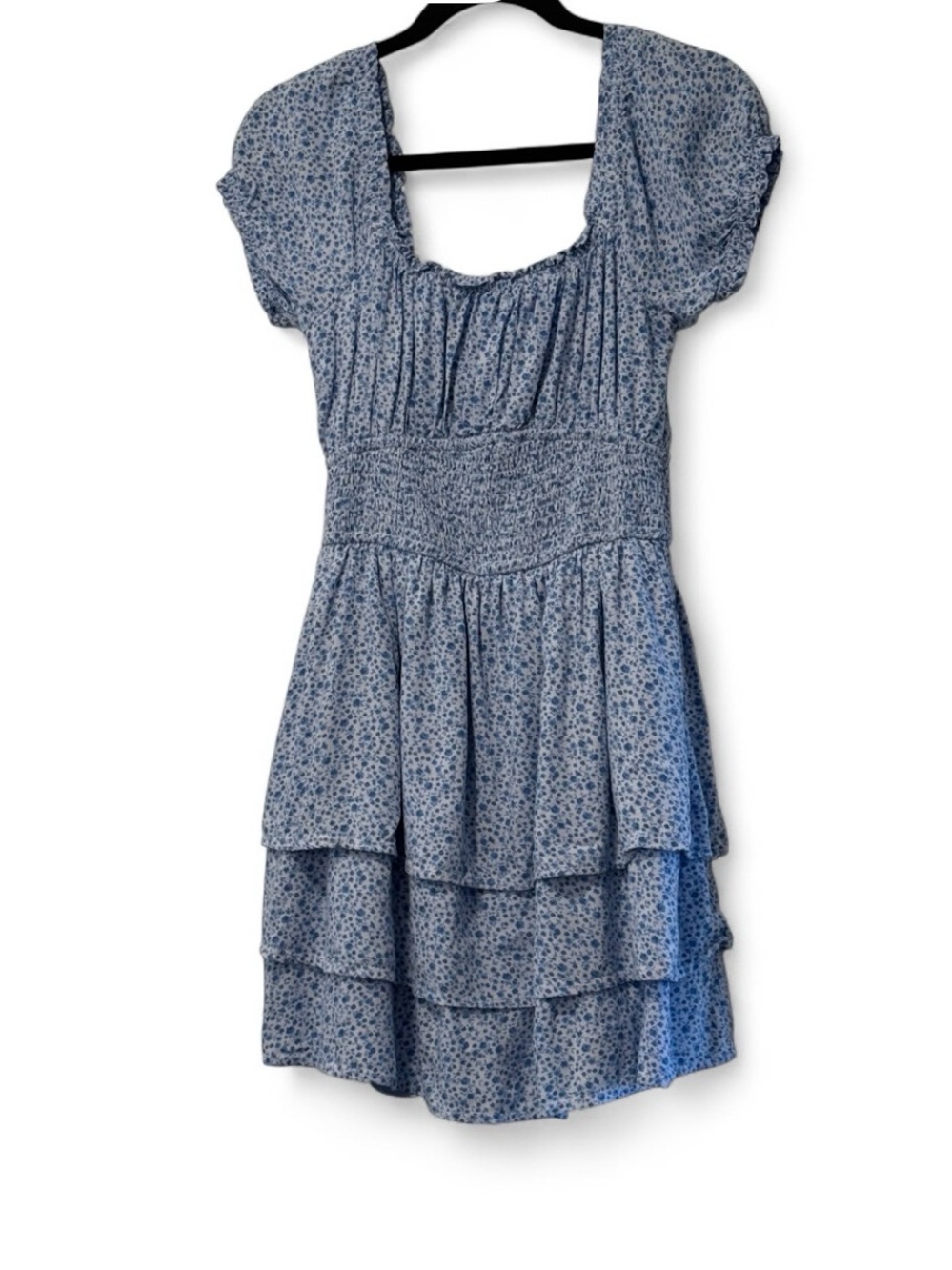 Cottagecore,Hollister Blue Ditsy Floral Smocked Tiered mini Dress M Puff sleeve